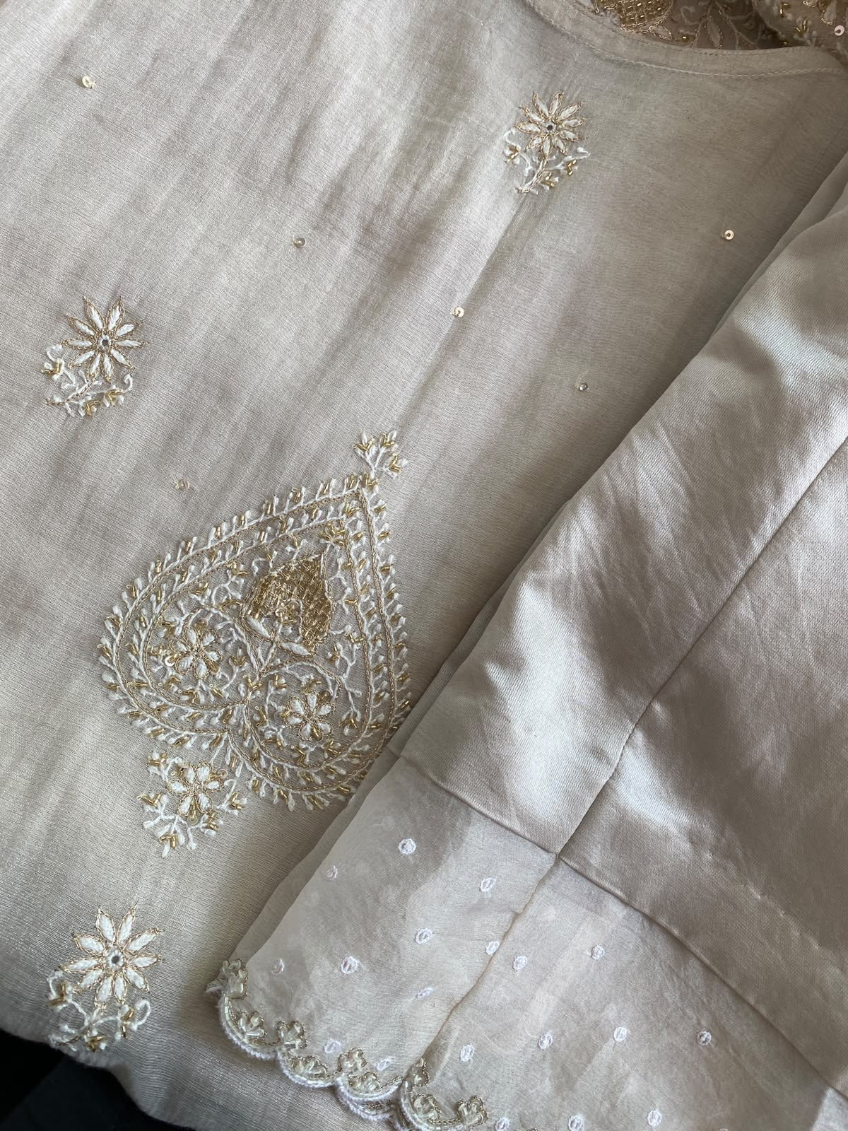 White Tissue Kasab Chikankari Kurta Set