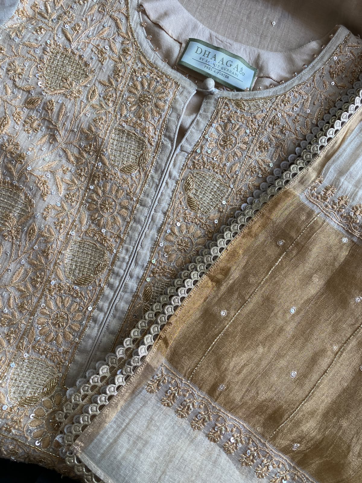 Beige Tissue Kasab Chikankari Kurta Set