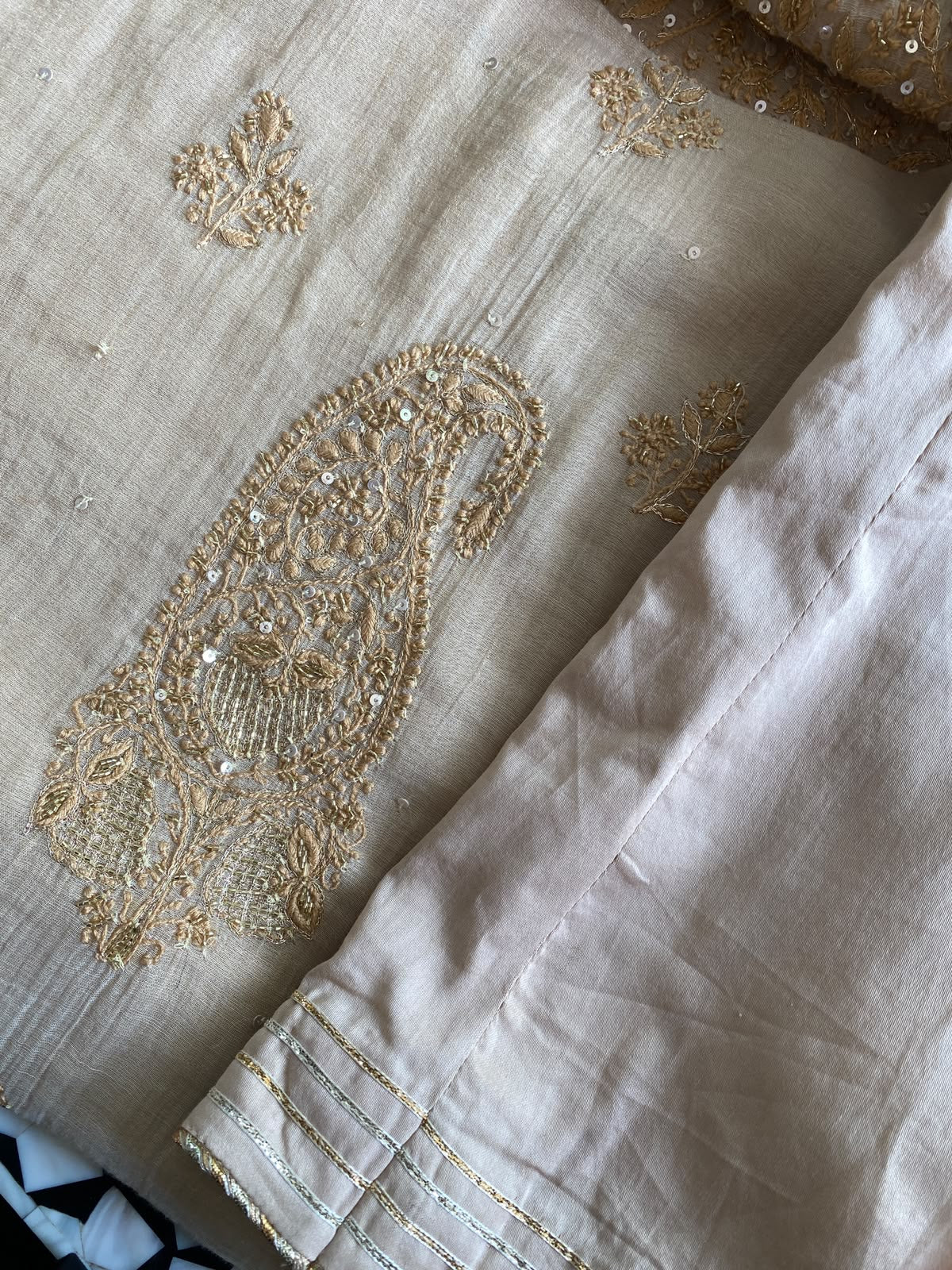 Beige Tissue Kasab Chikankari Kurta Set