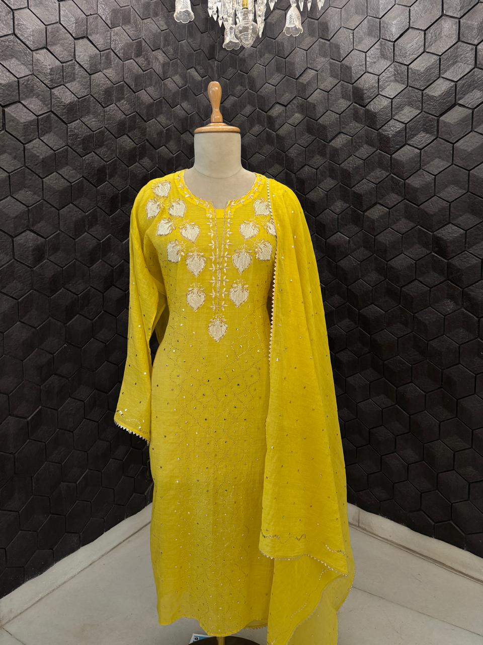 Mustard Yellow Mukaish Mul Chanderi Kurta Set