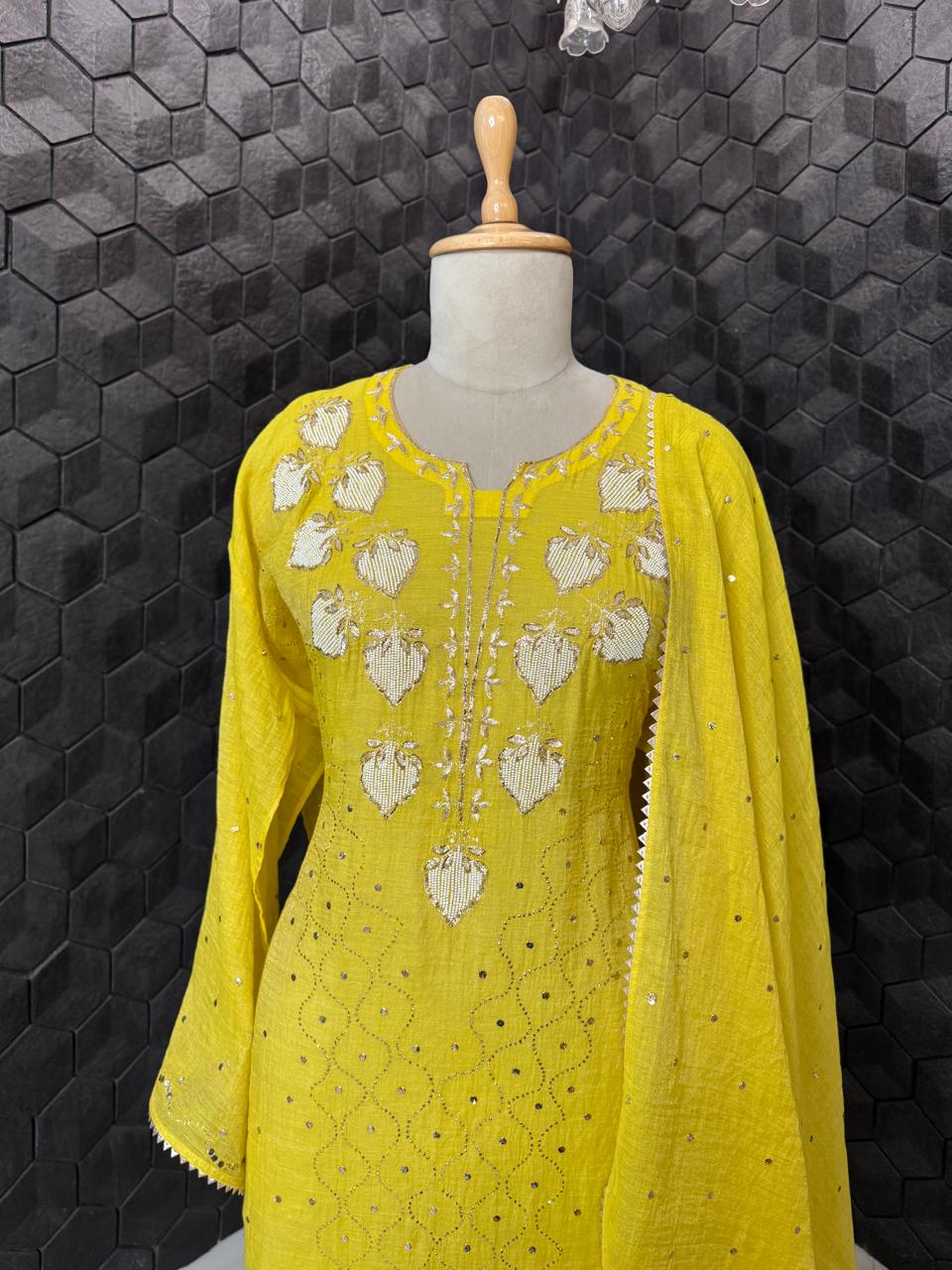 Mustard Yellow Mukaish Mul Chanderi Kurta Set