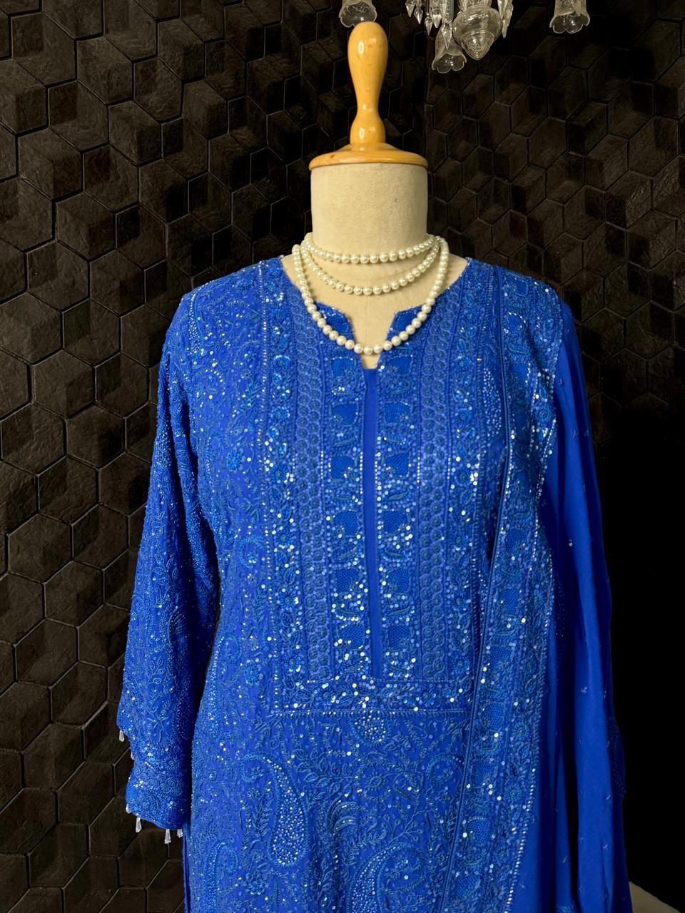 Electric Blue Georgette Chikankari Kurta Set