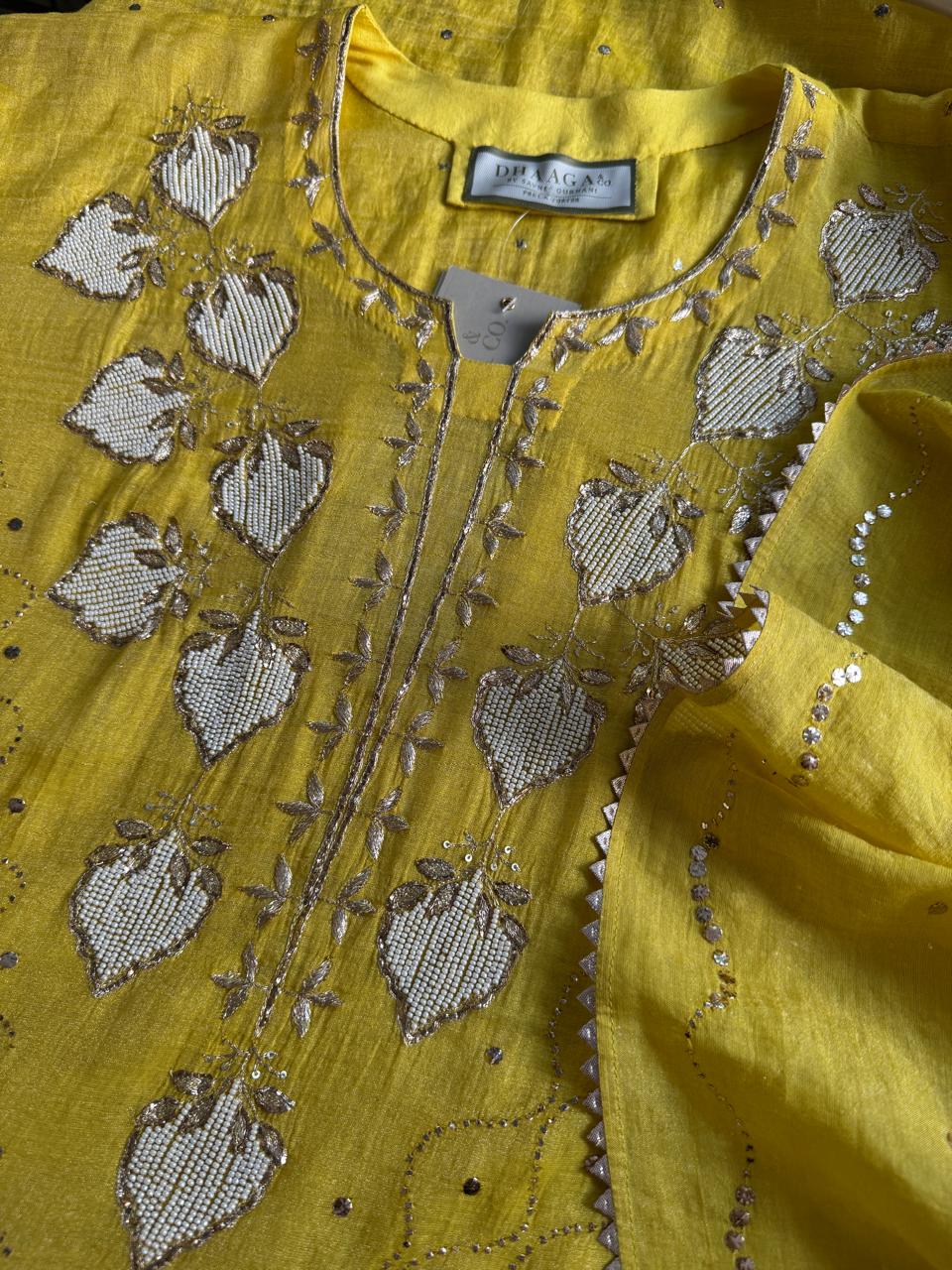 Mustard Yellow Mukaish Mul Chanderi Kurta Set