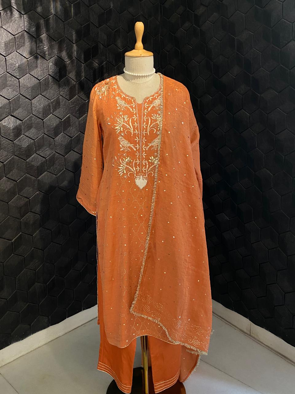 Rust Orange Tissue Mukaish Kurta Set