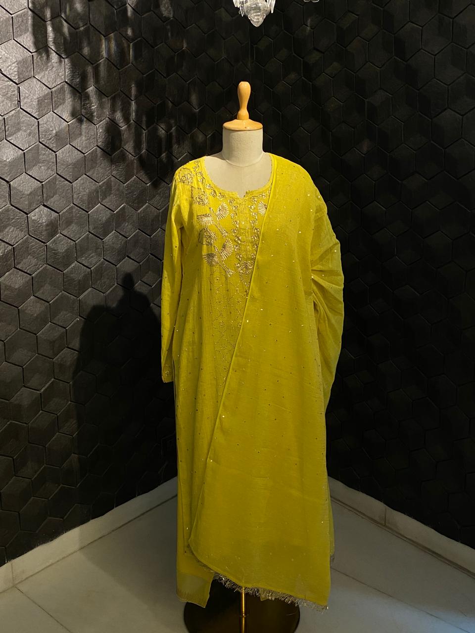 Lime Green Tissue Mukaish Kurta Set