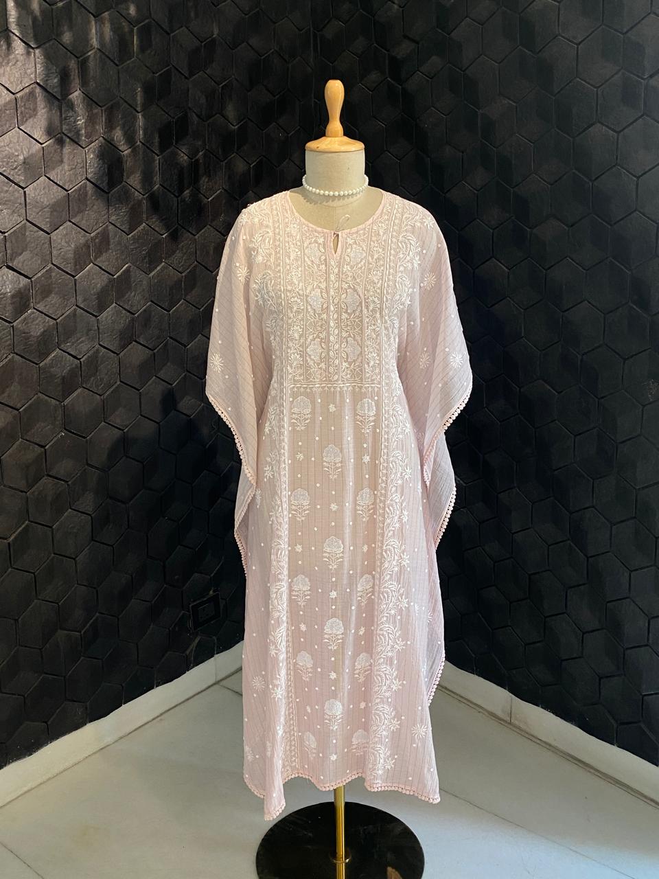 Blush Pink Mul Chanderi Chikankari Kaftan