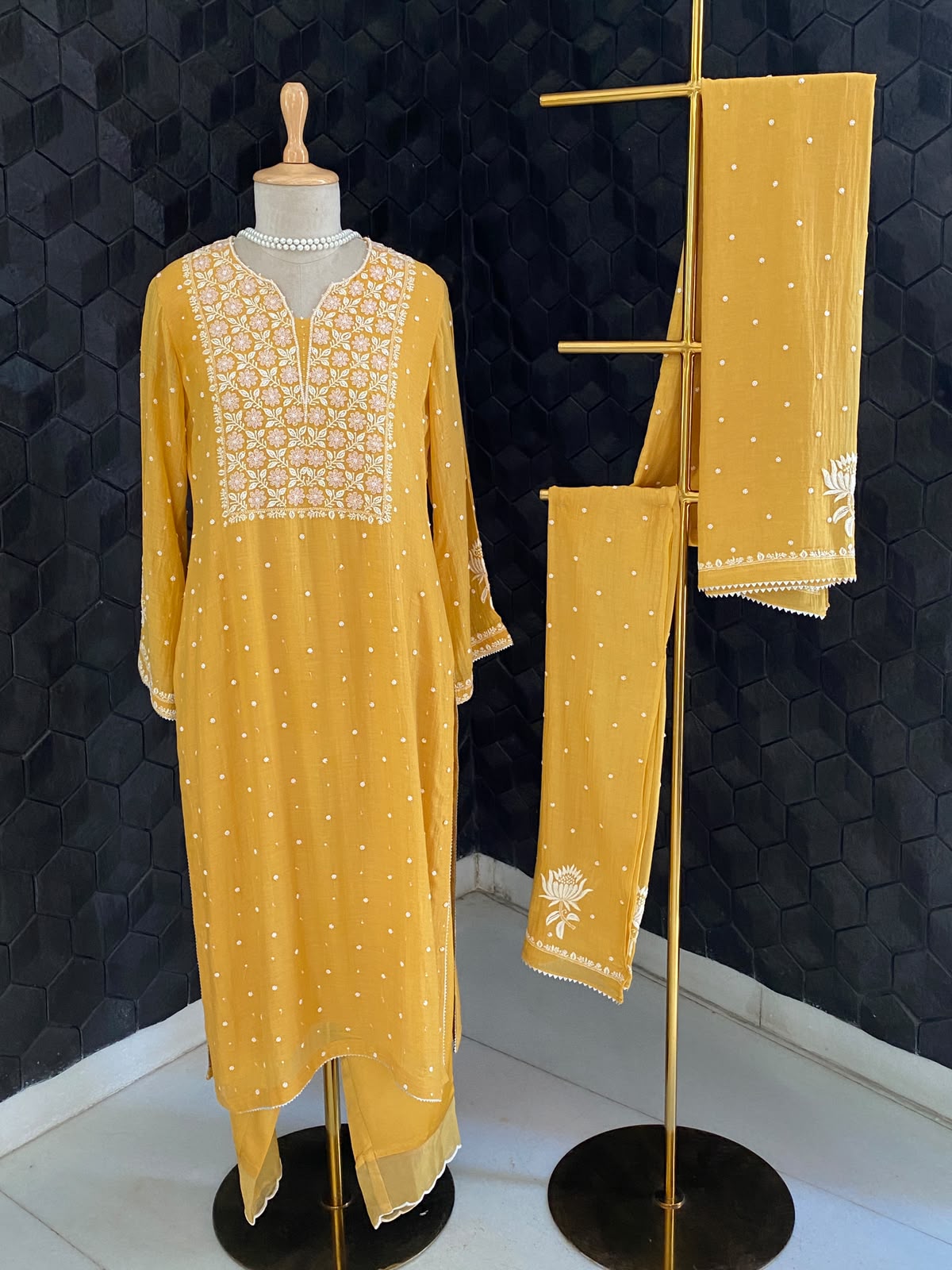 Mustard Mul Chanderi Chikankari Kurta Set