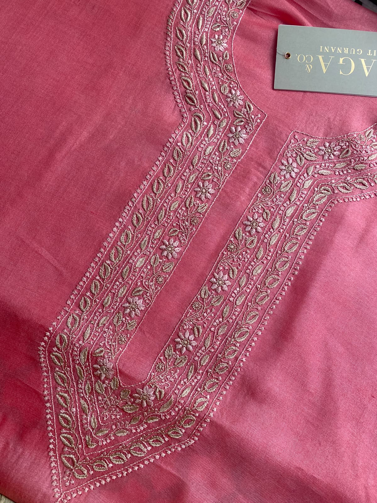 Coral Pink Tussar Silk Chikankari Men's Kurta