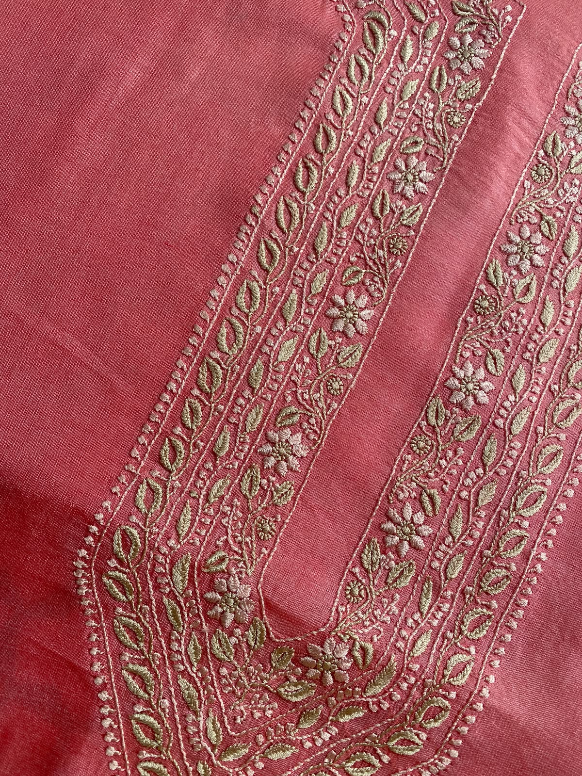 Coral Pink Tussar Silk Chikankari Men's Kurta
