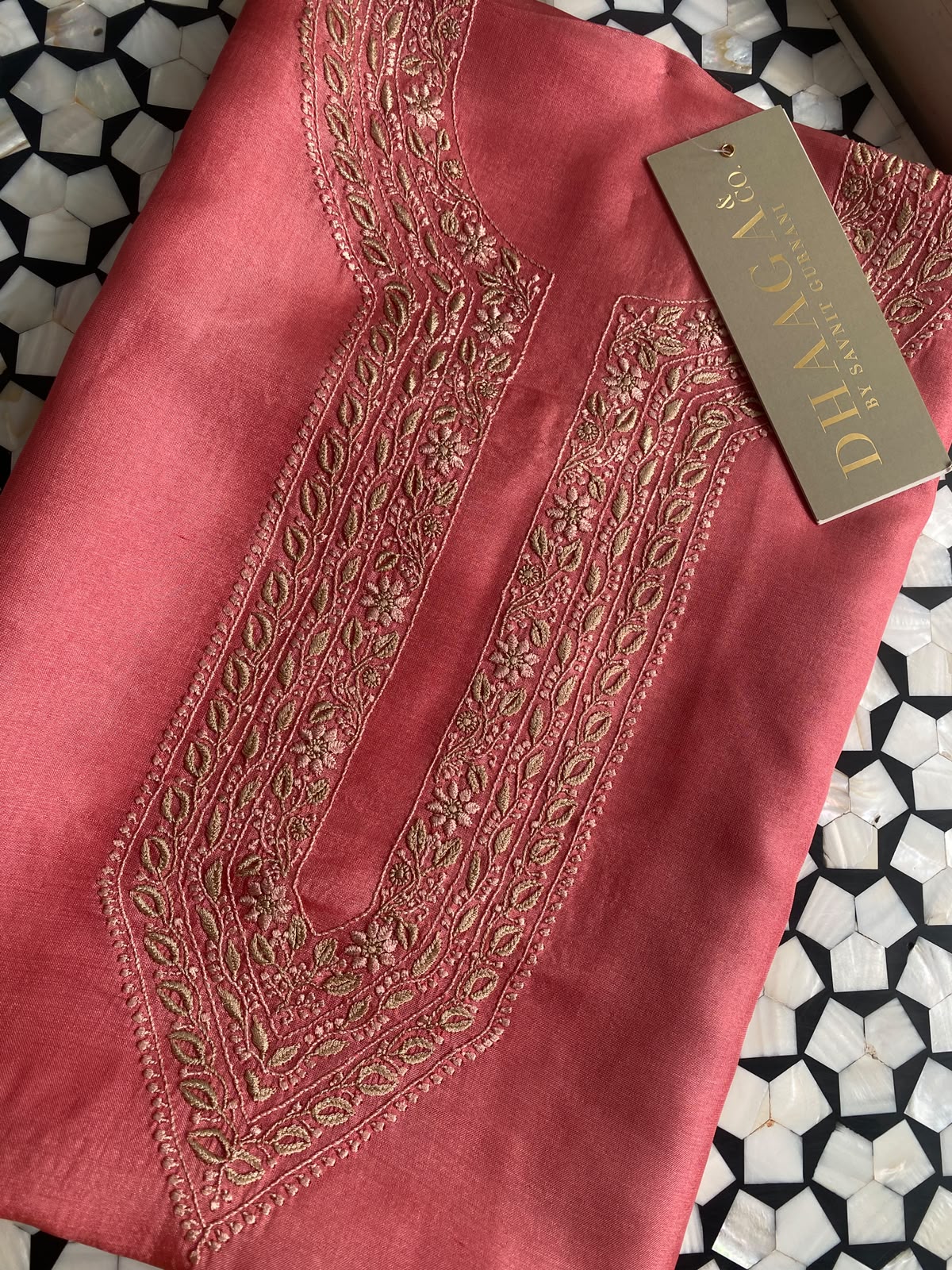 Coral Pink Tussar Silk Chikankari Men's Kurta