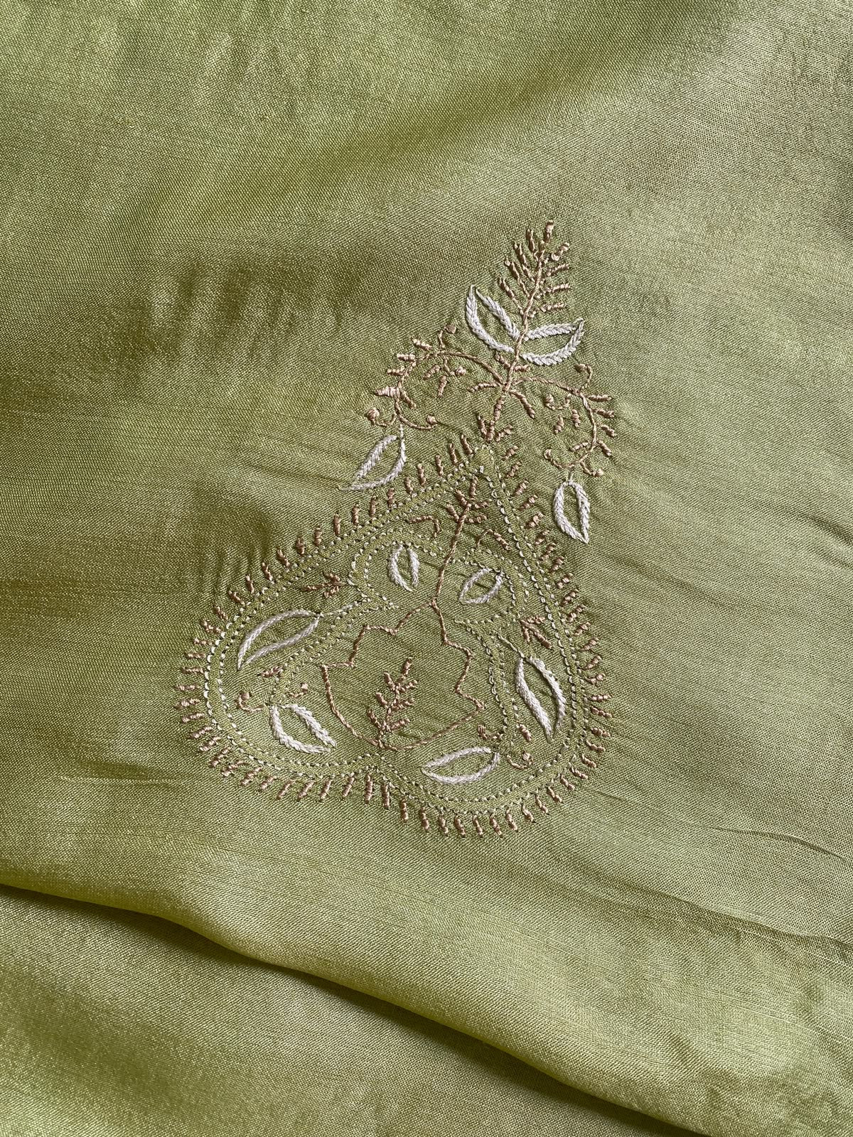 Olive Green Tussar Silk Chikankari Men's Kurta
