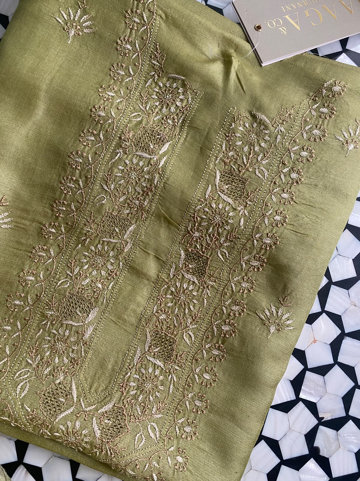 Olive Green Tussar Silk Chikankari Men's Kurta