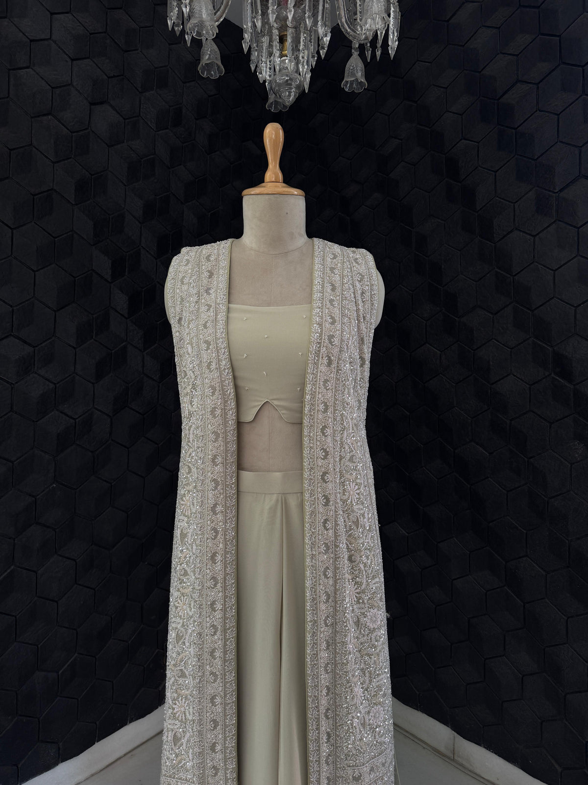 Pista Green Georgette Embroidered Long Jacket Set with Wide Leg Trousers