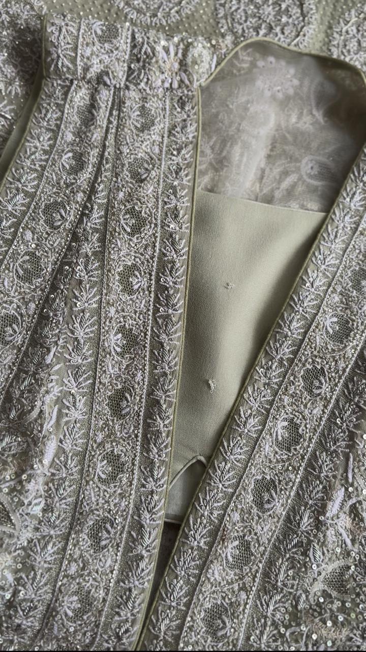 Pista Green Georgette Embroidered Long Jacket Set with Wide Leg Trousers