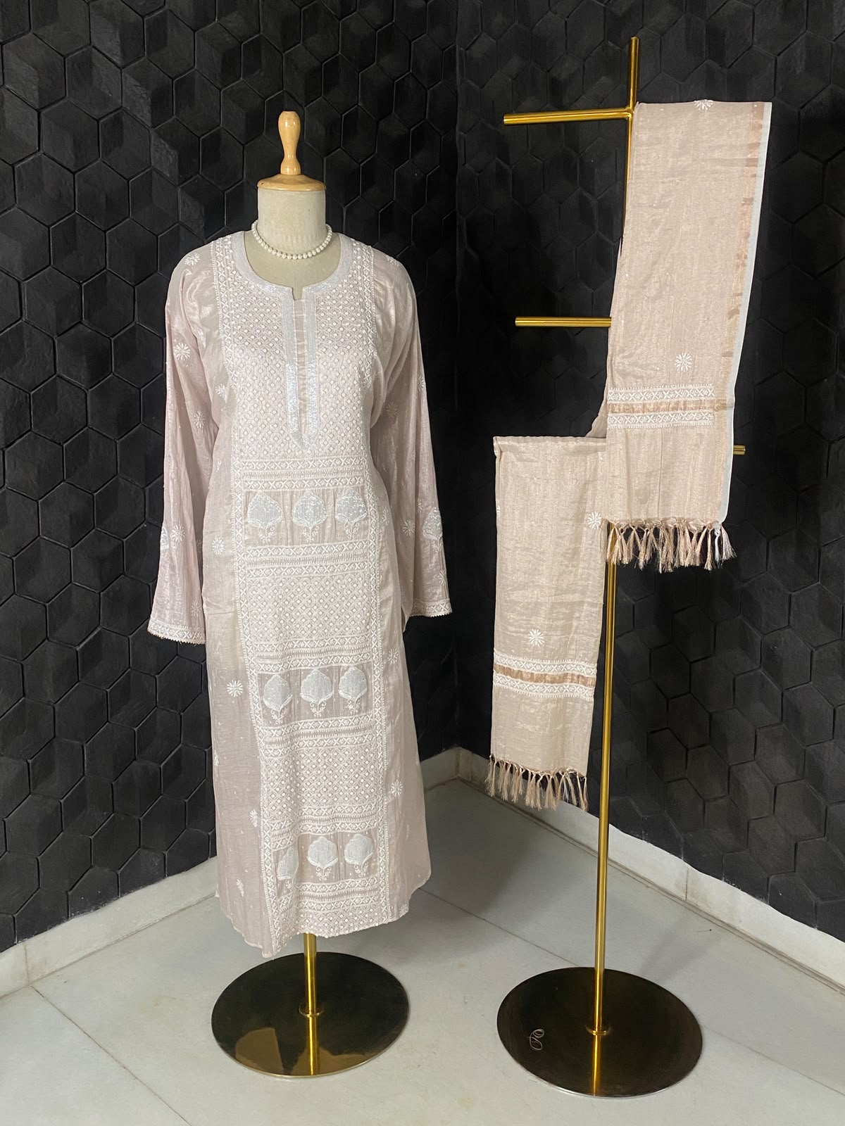 Peach Silver Tissue Embroidered Kurta Set