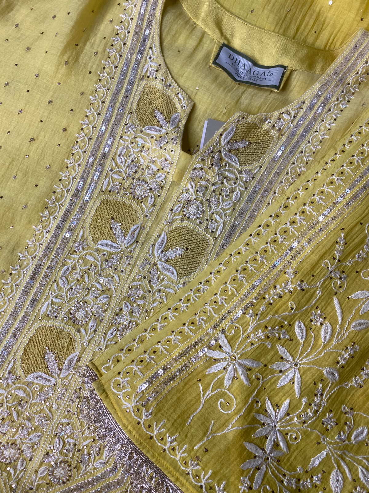 Yellow Mul Chanderi Chikankari Kurta Set