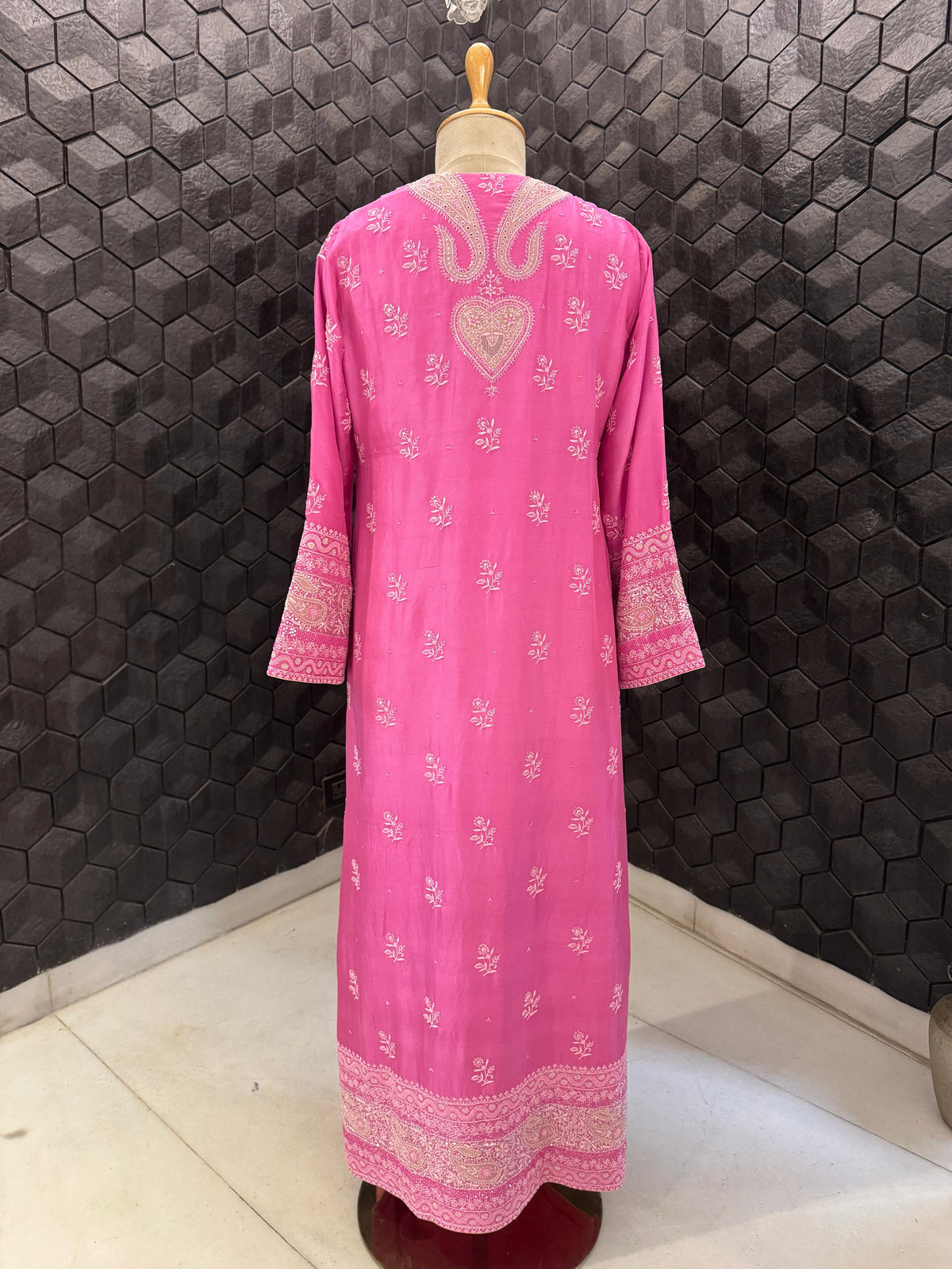 Pink Moonga Silk Chikankari Kaftan