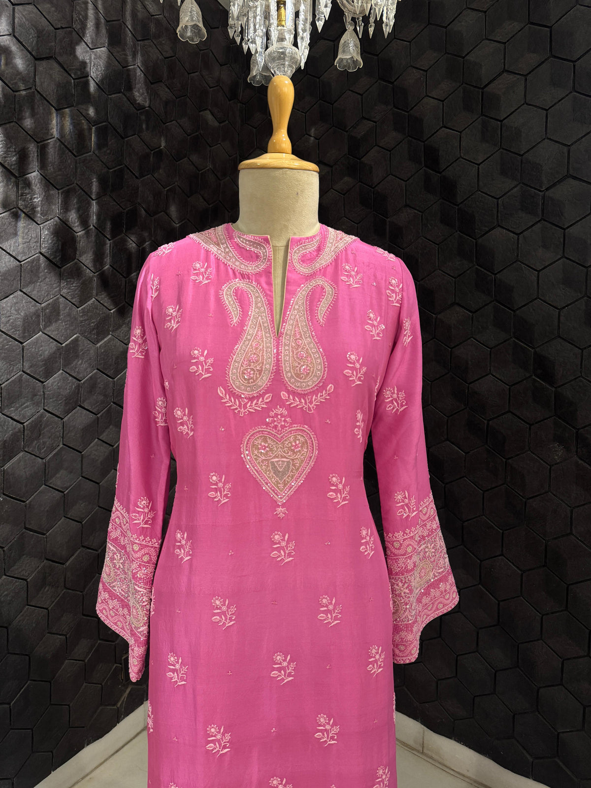 Pink Moonga Silk Chikankari Kaftan