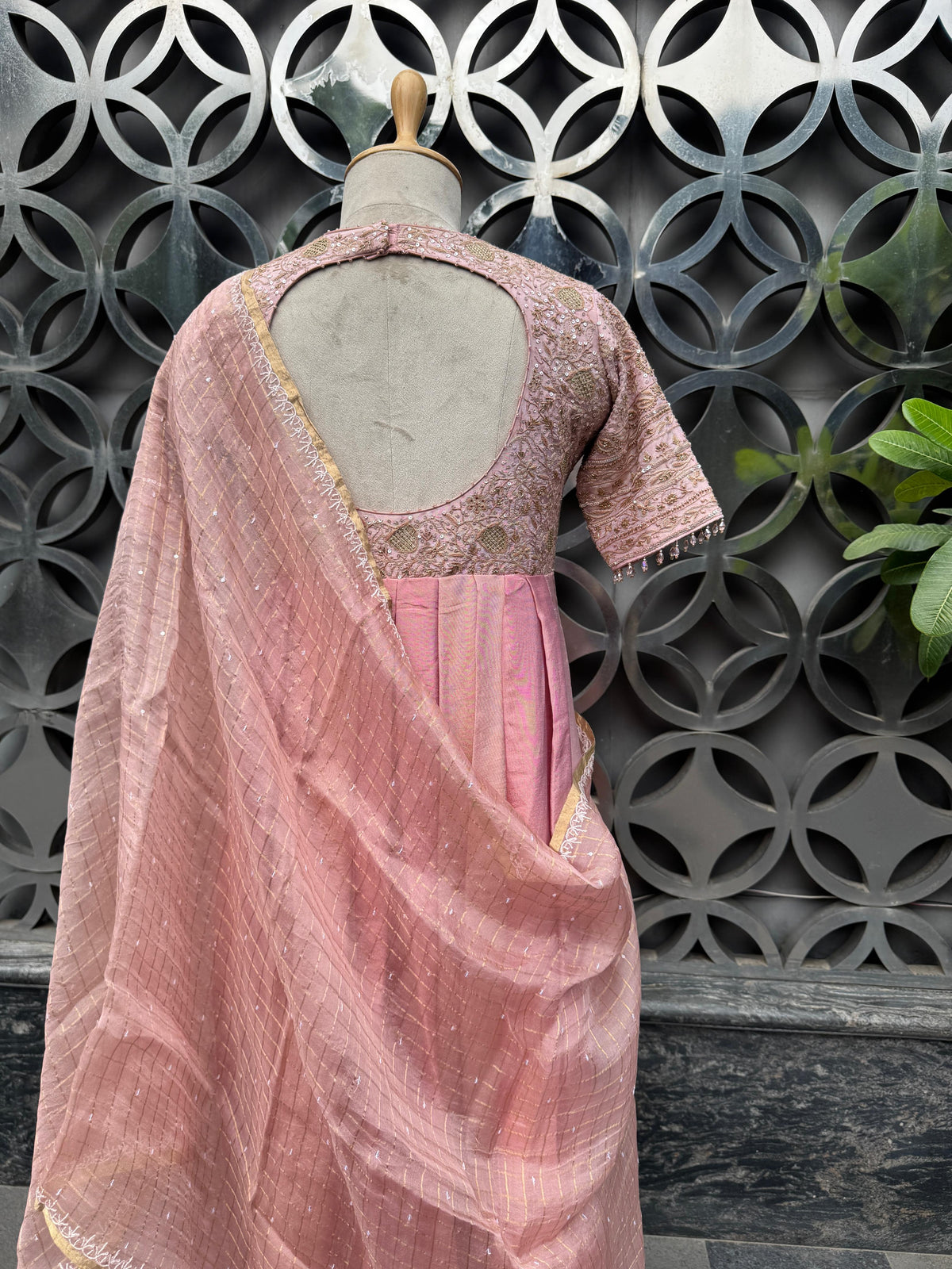 Pink Golden Tissue Chikankari Dress