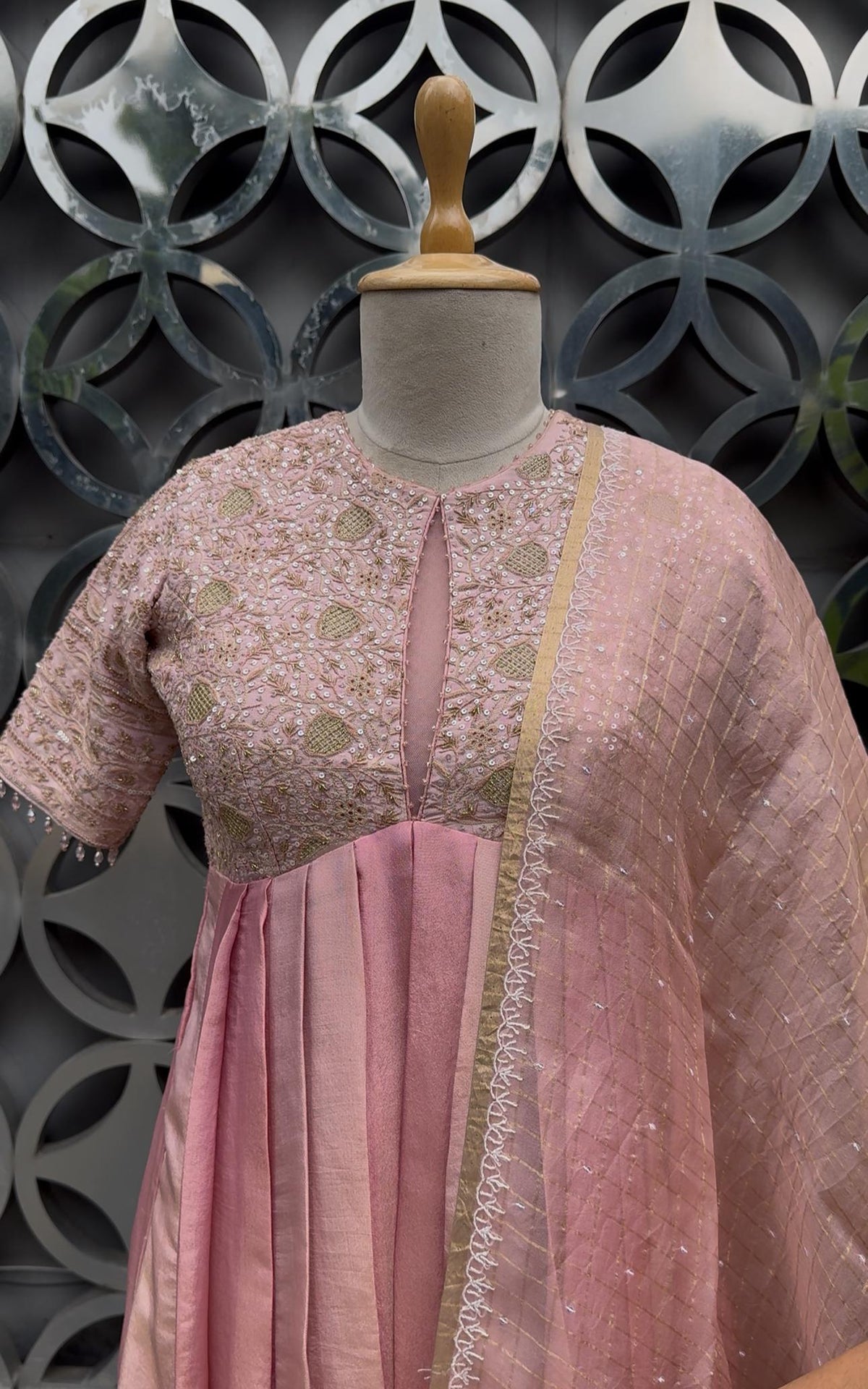 Pink Golden Tissue Chikankari Dress