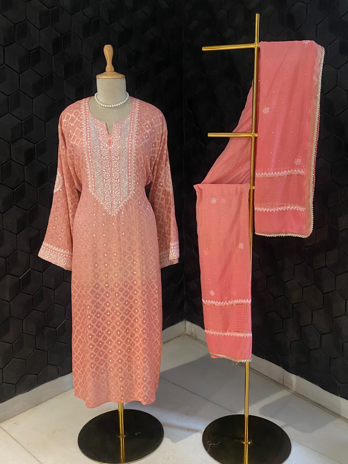 Coral Pink Mul Chanderi Chikankari Kurta Set