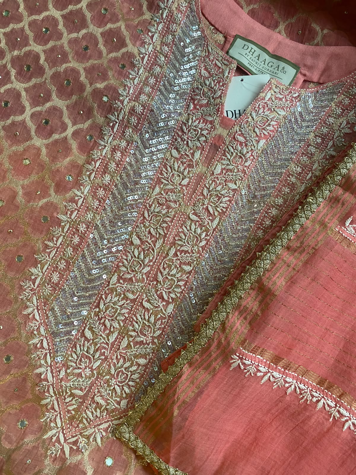 Coral Pink Mul Chanderi Chikankari Kurta Set