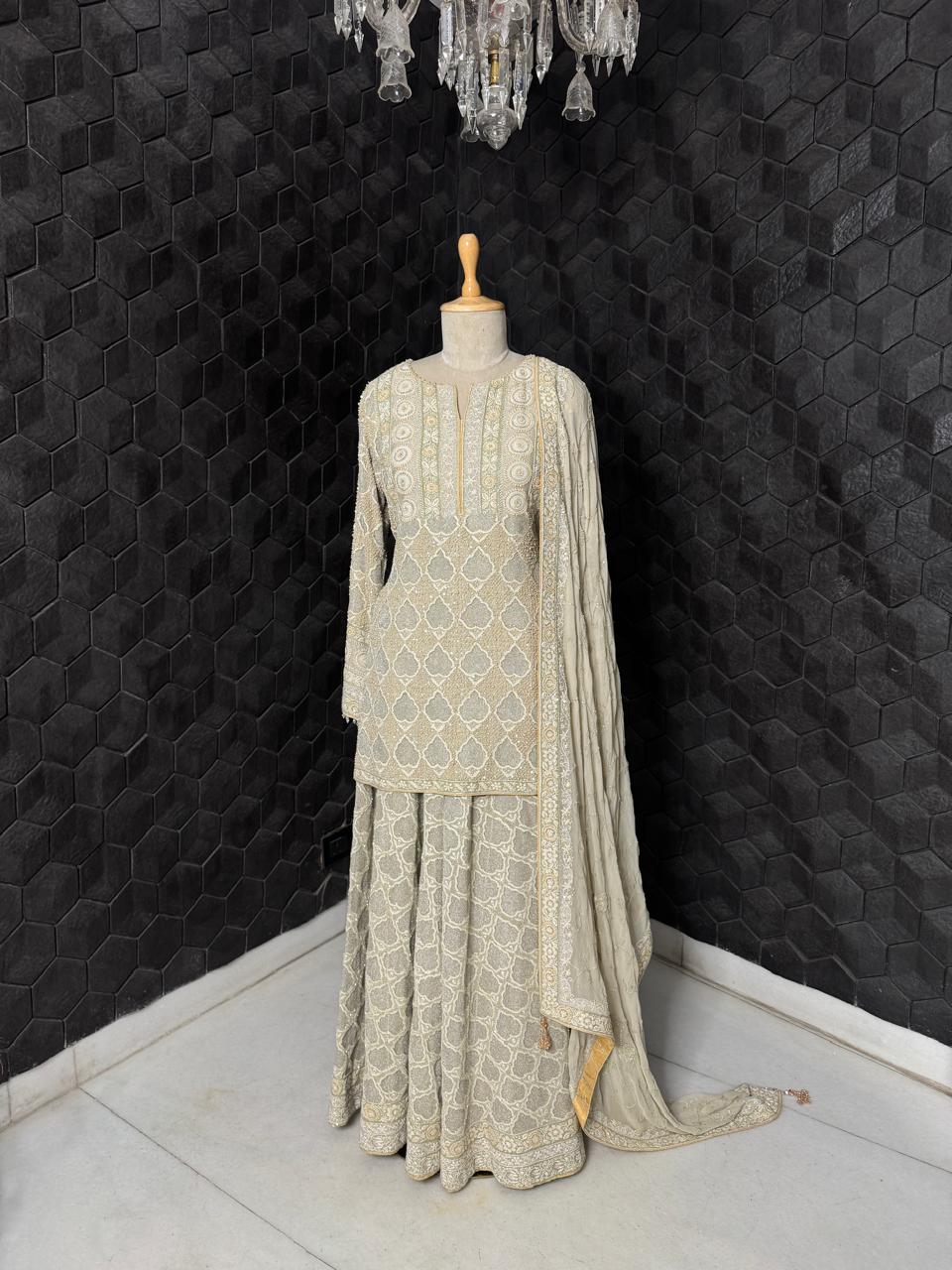 Sage Green Georgette Chikankari Sharara Set