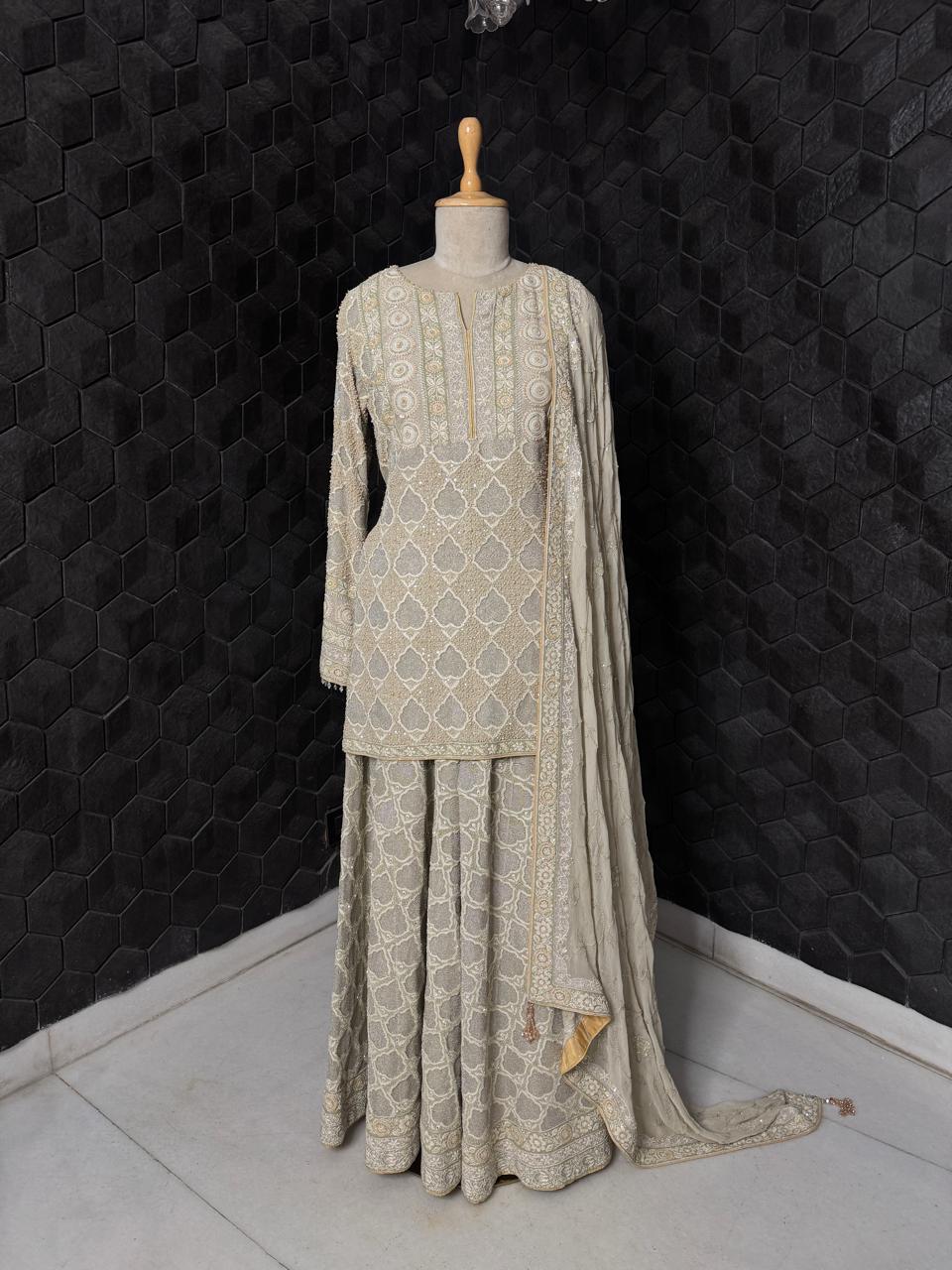 Sage Green Georgette Chikankari Sharara Set
