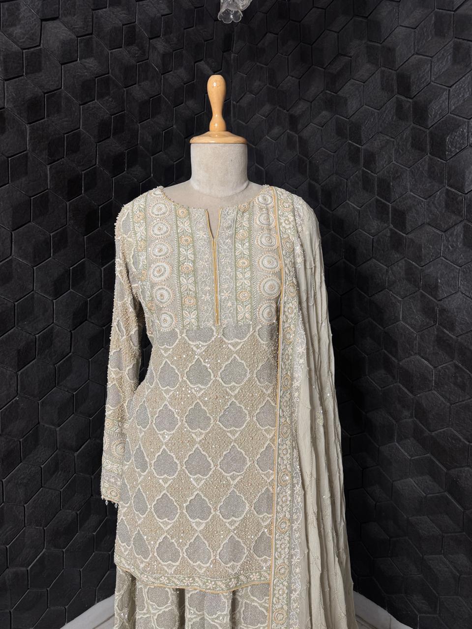 Sage Green Georgette Chikankari Sharara Set