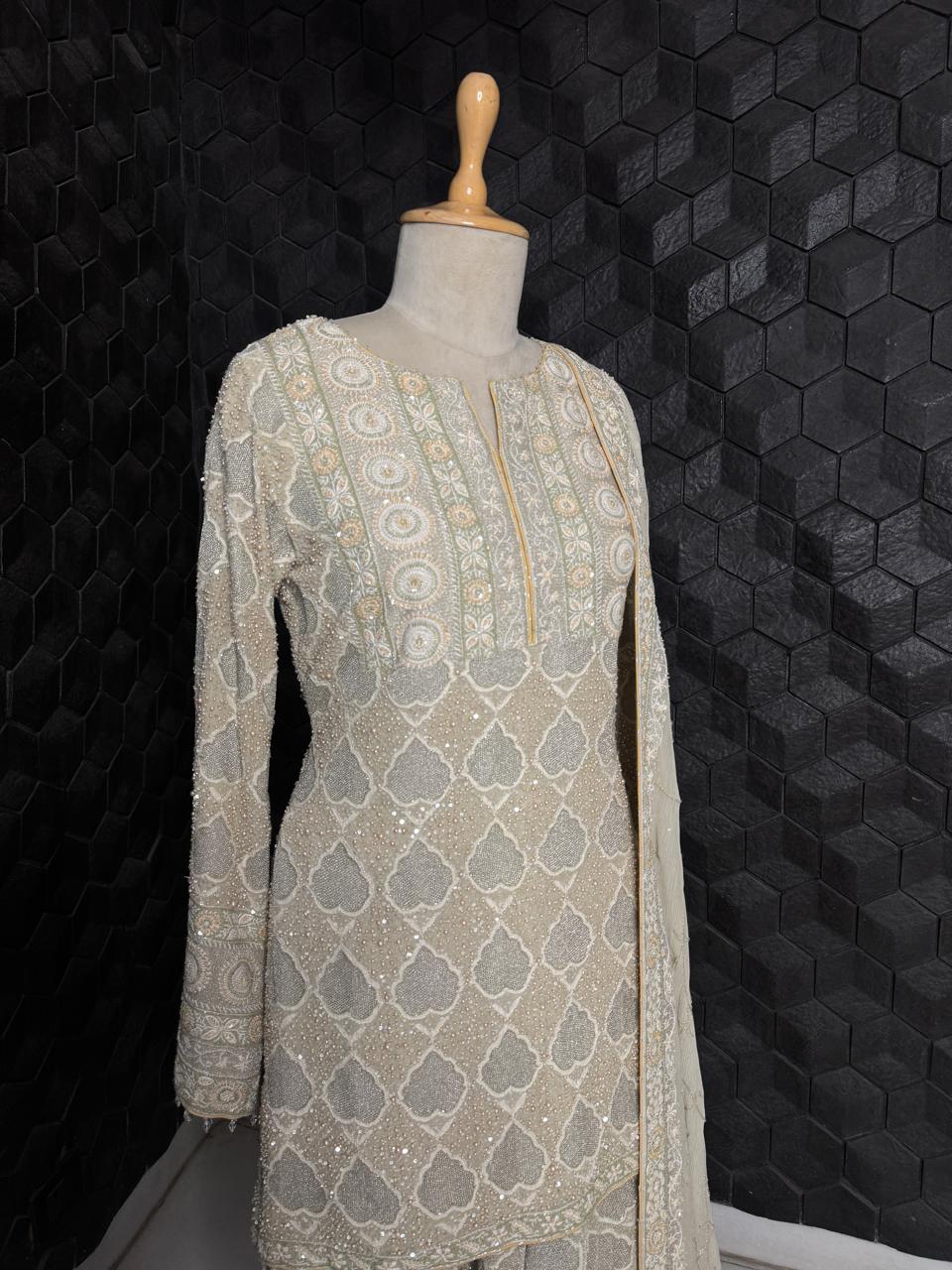 Sage Green Georgette Chikankari Sharara Set