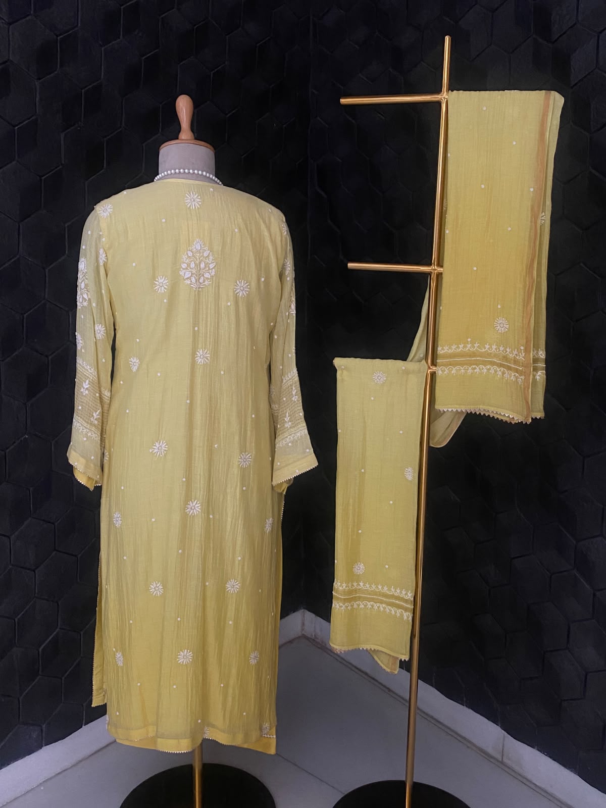 Lemon Yellow Mul Chanderi Chikankari Kurta Set