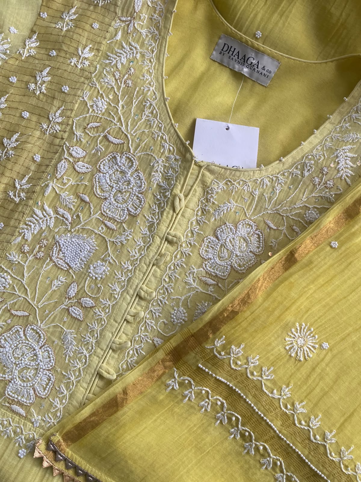 Lemon Yellow Mul Chanderi Chikankari Kurta Set