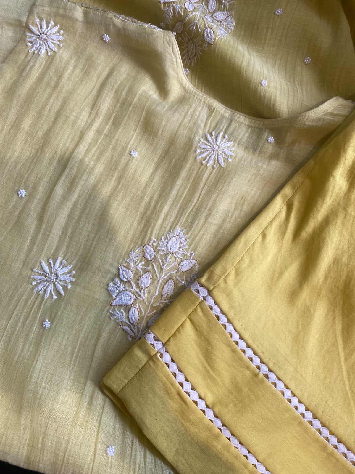 Lemon Yellow Mul Chanderi Chikankari Kurta Set