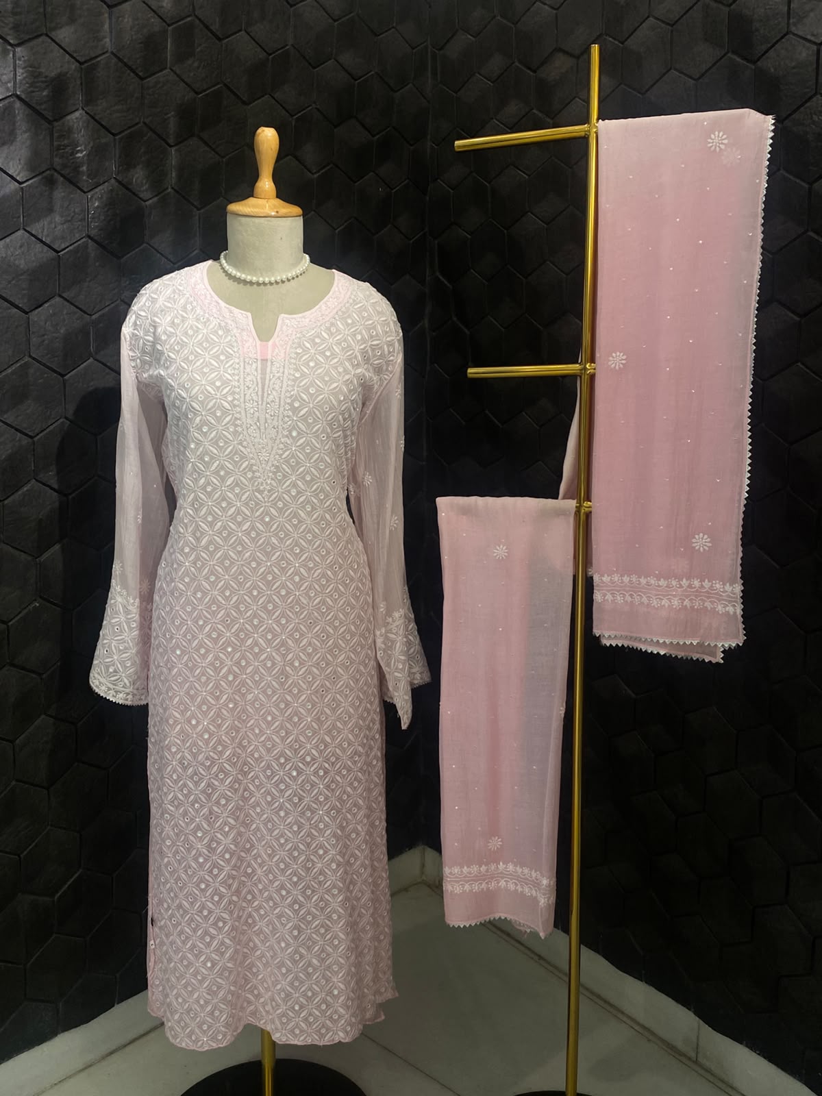 Powder Pink Mul Chanderi Chikankari Kurta Set