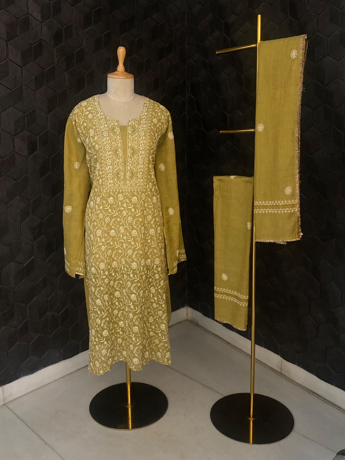 Olive Green Golden Tissue Chikankari Kurta Set