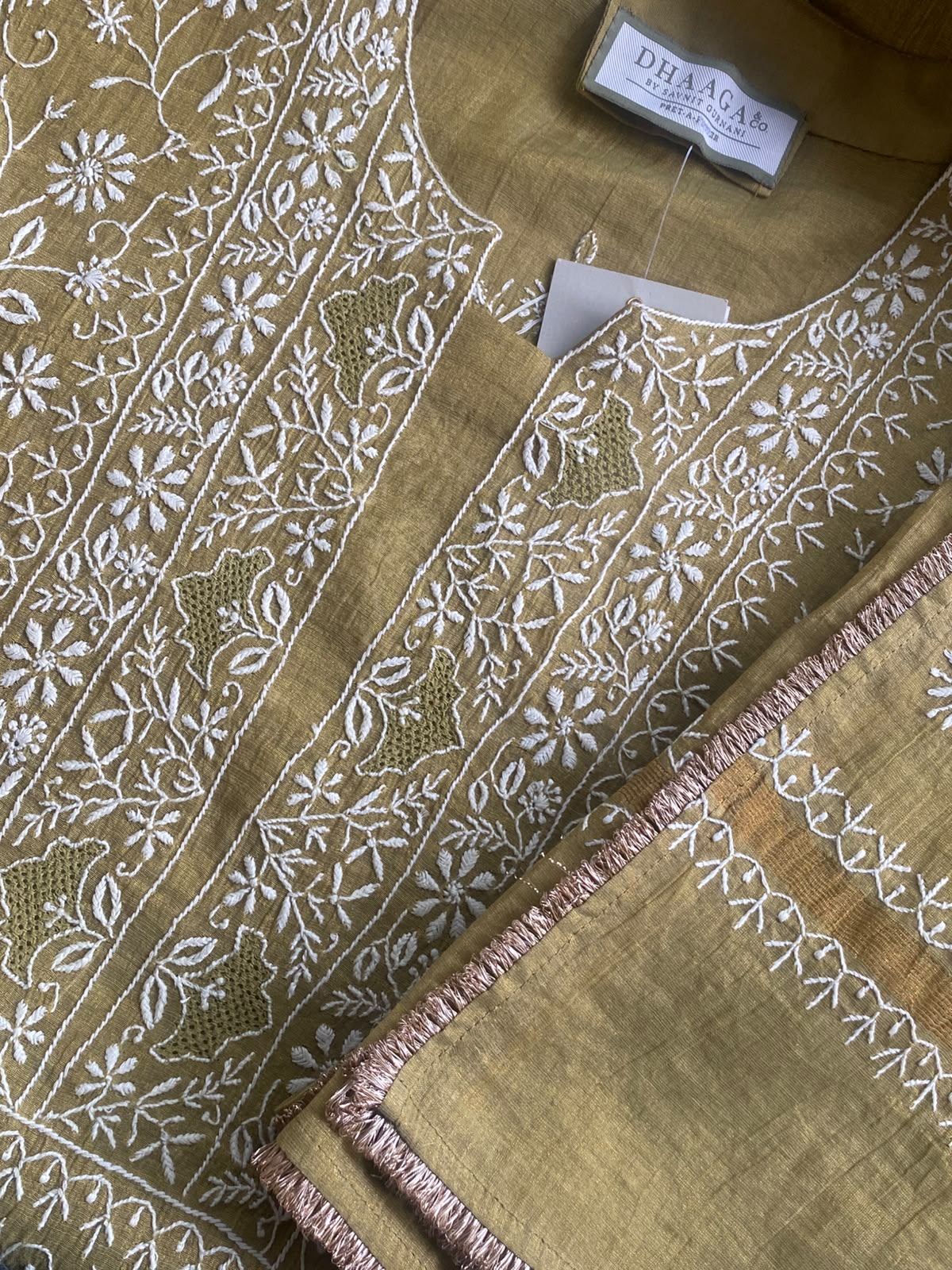 Olive Green Golden Tissue Chikankari Kurta Set