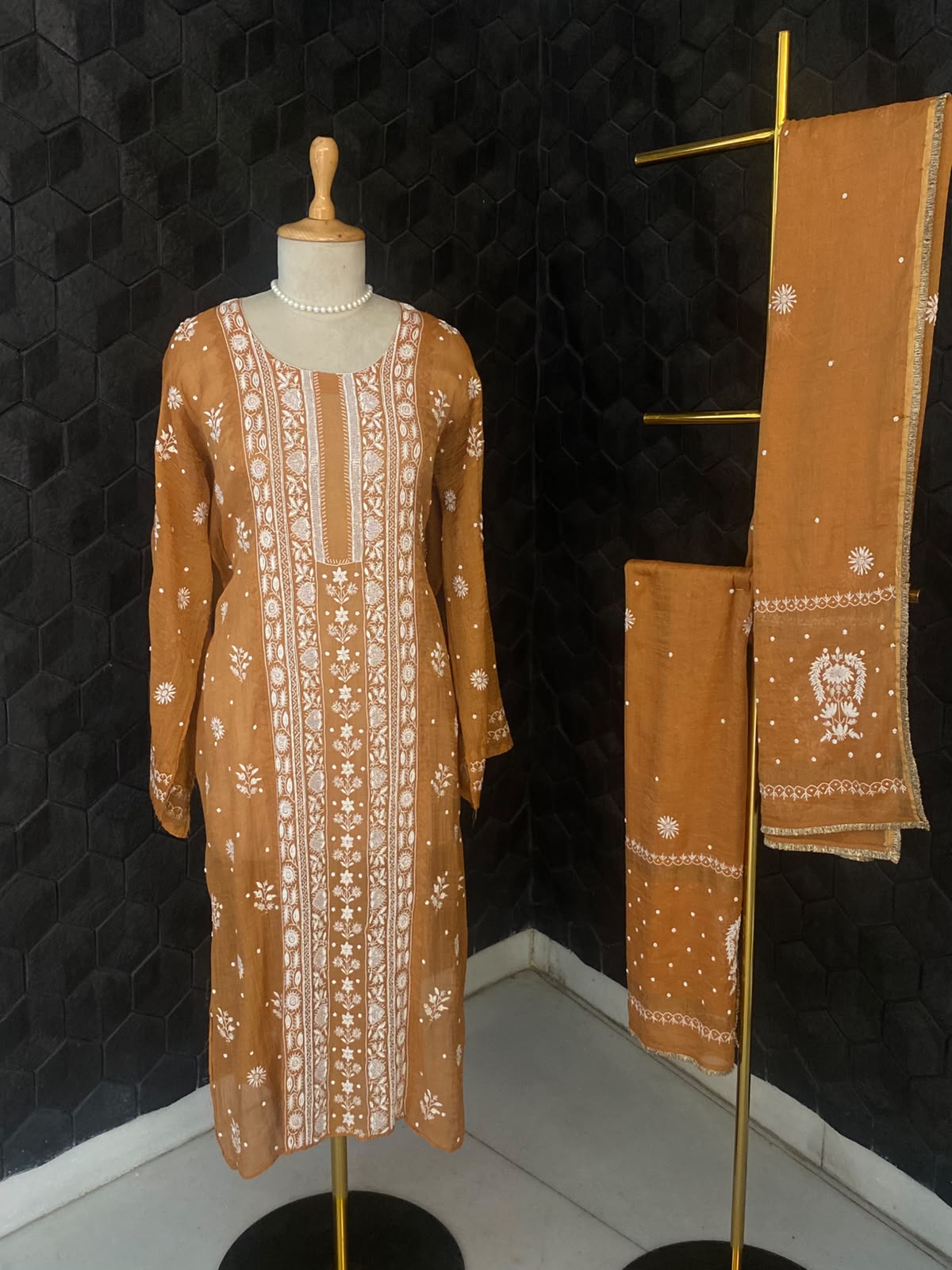 Rust Orange Golden Tissue Embroidered Kurta Set