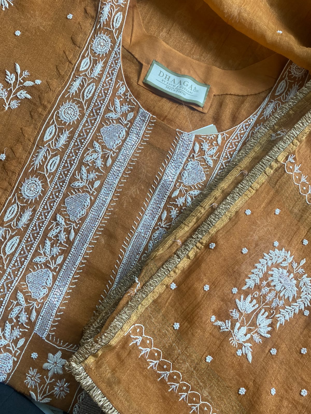 Rust Orange Golden Tissue Embroidered Kurta Set
