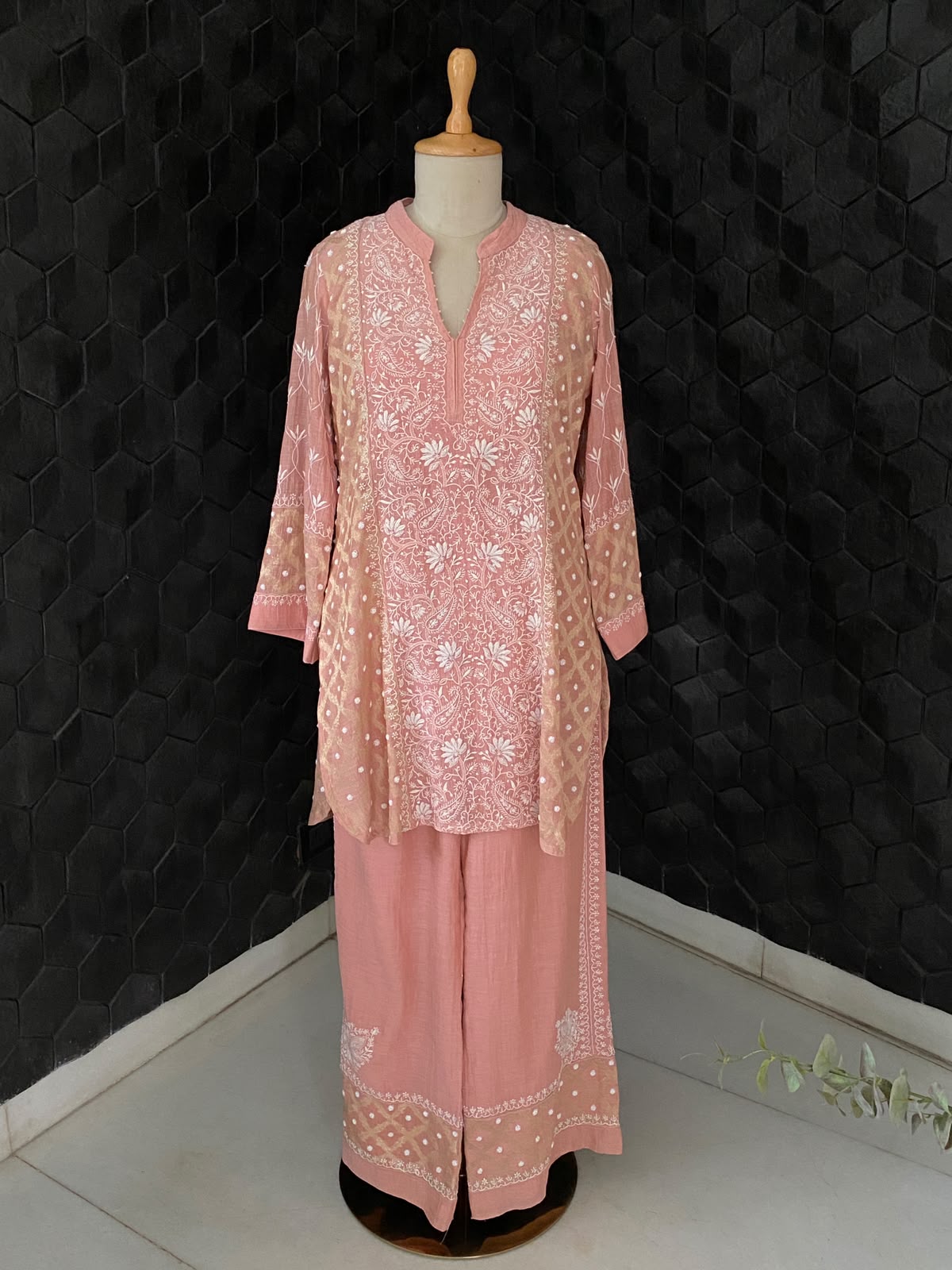 Rose Pink Green Tissue Chikankari Co-ord Set