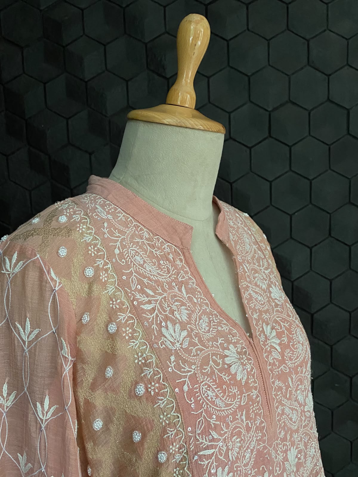 Rose Pink Green Tissue Chikankari Co-ord Set