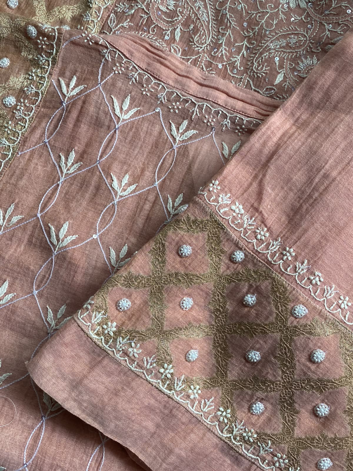 Rose Pink Green Tissue Chikankari Co-ord Set