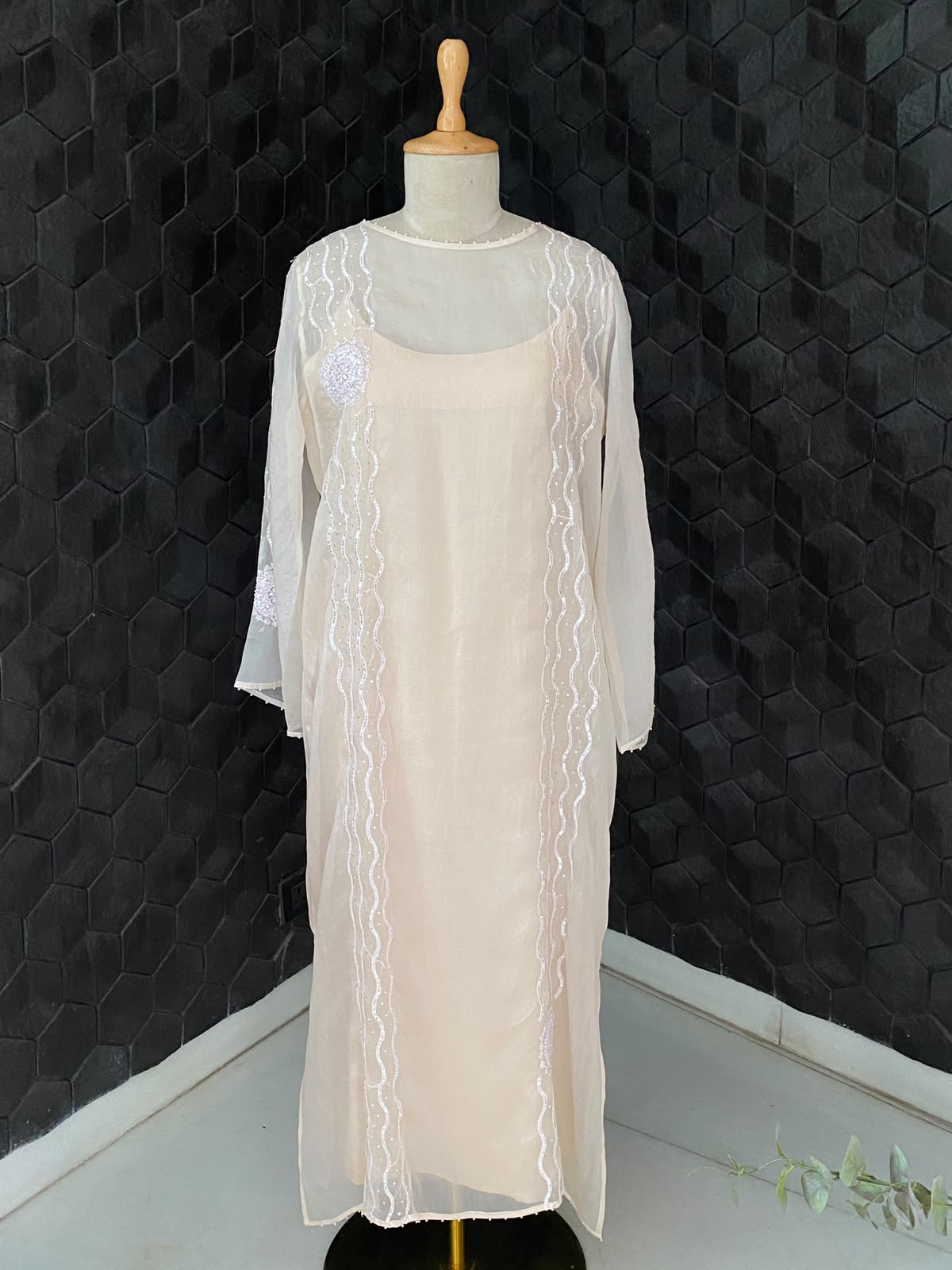 Ivory Organza Embroidered Straight Dress