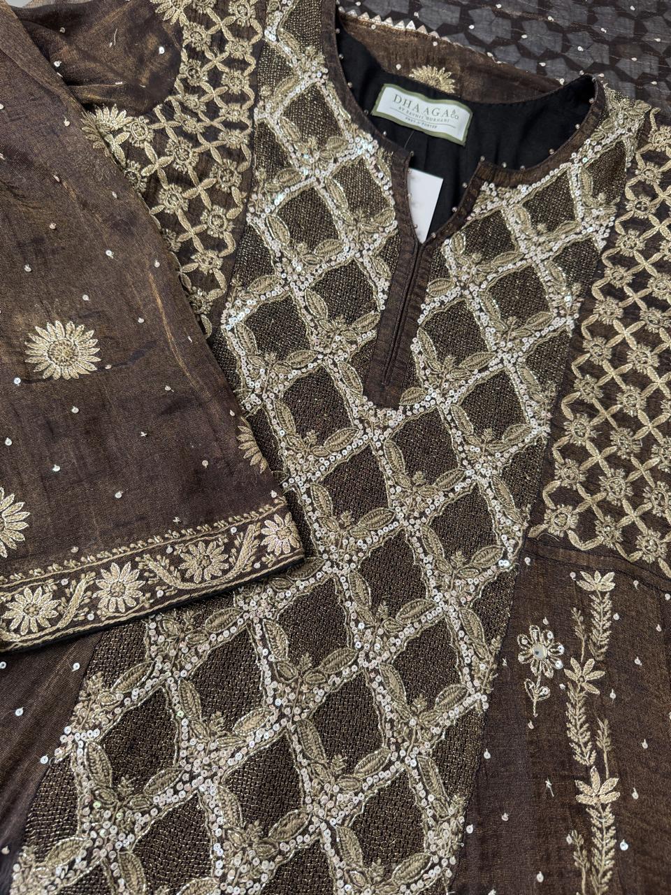 Chocolate Brown Golden Tissue Embroidered Kurta Set