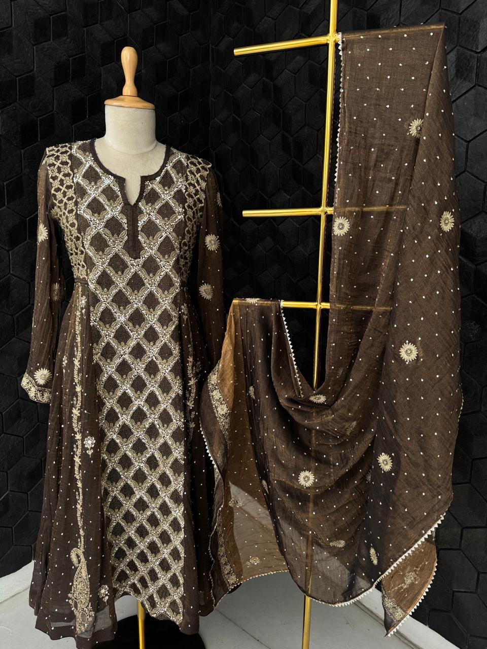 Chocolate Brown Golden Tissue Embroidered Kurta Set