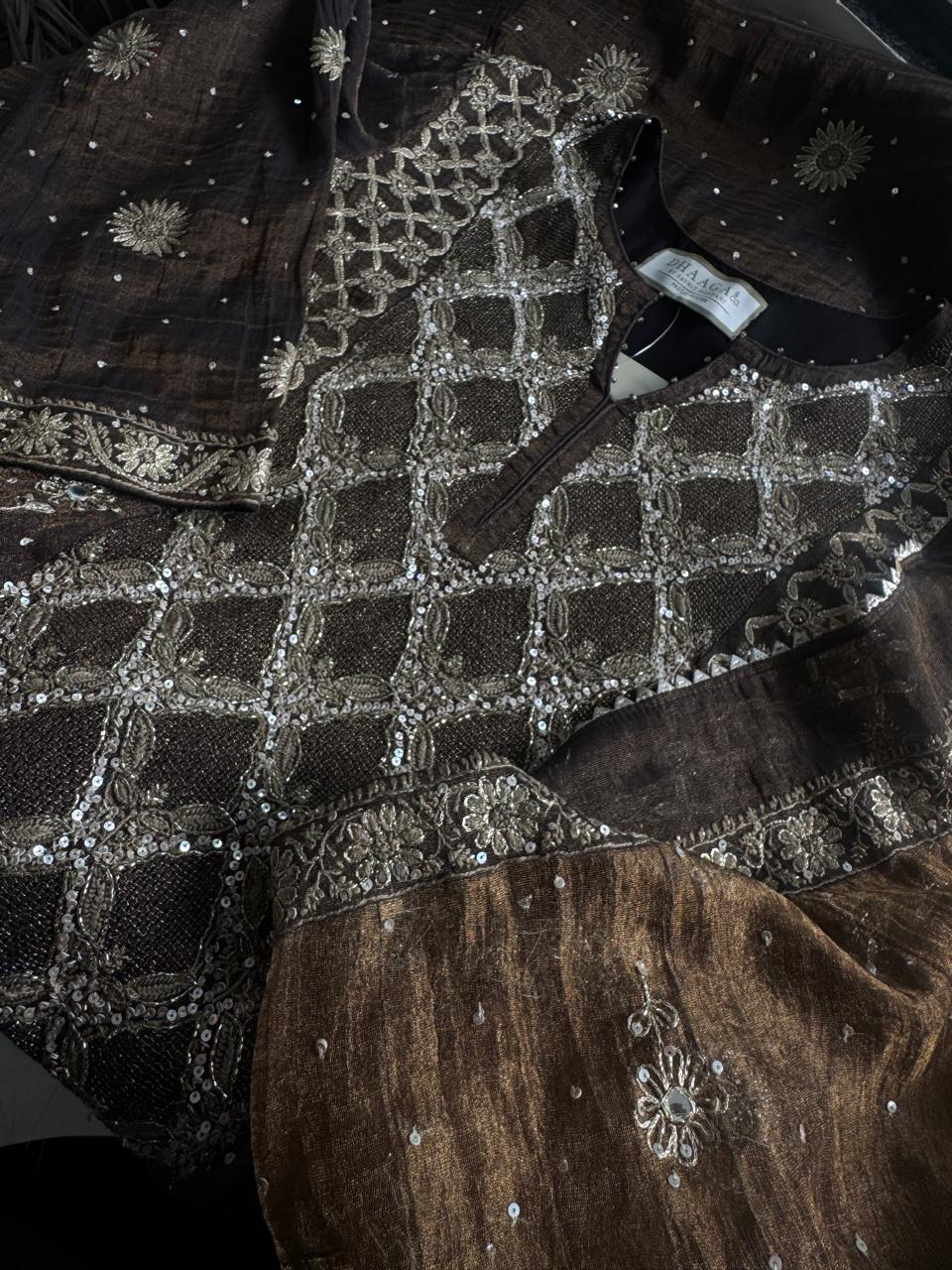 Chocolate Brown Golden Tissue Embroidered Kurta Set
