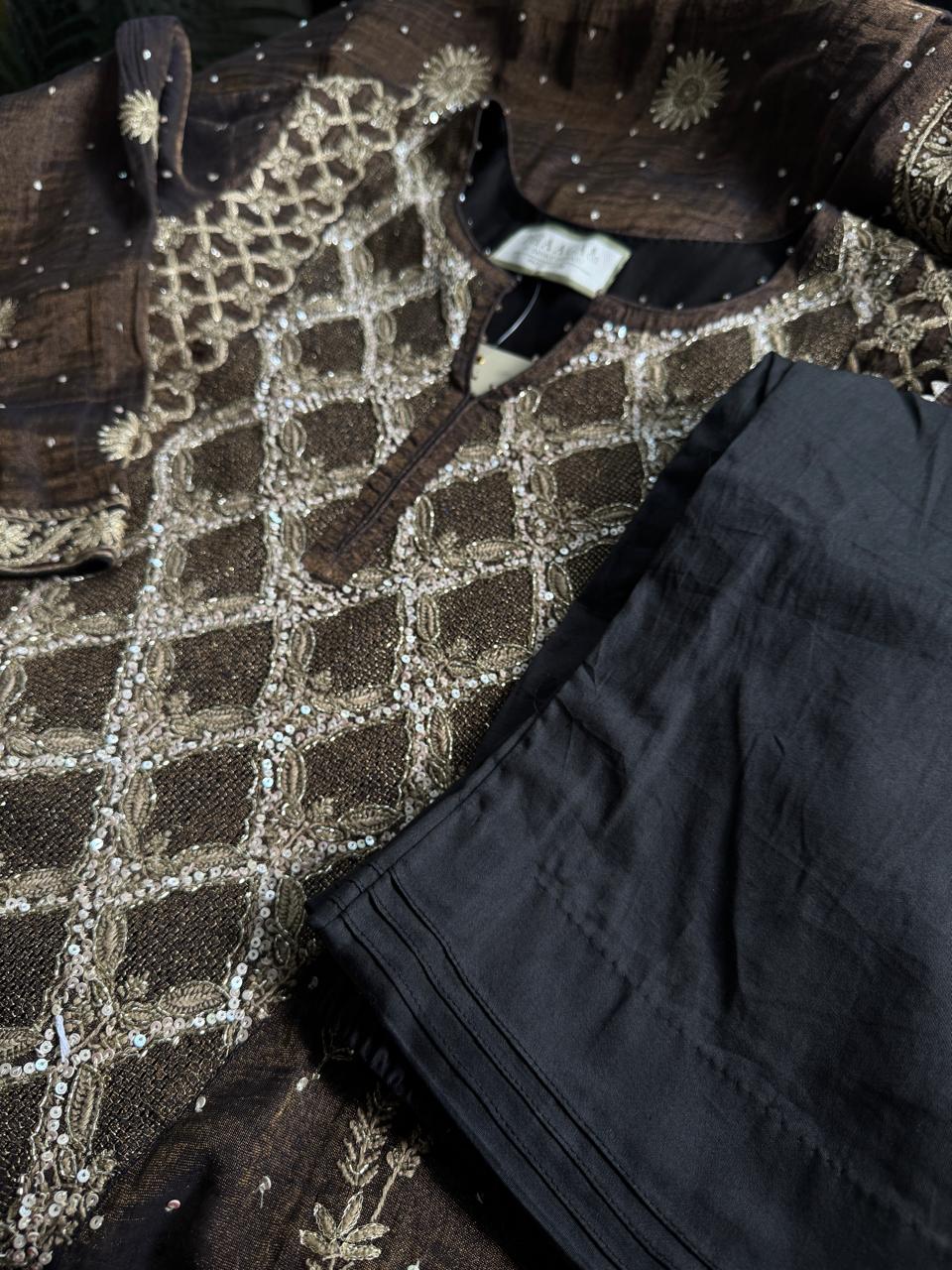 Chocolate Brown Golden Tissue Embroidered Kurta Set