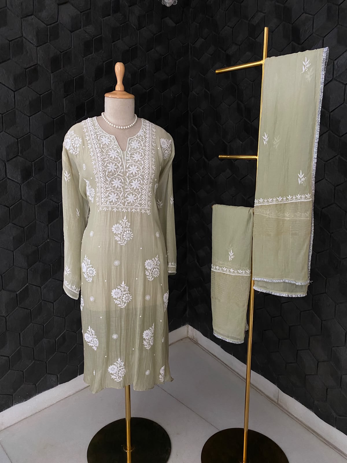 Sage Green Mul Chanderi Embroidered Kurta Set