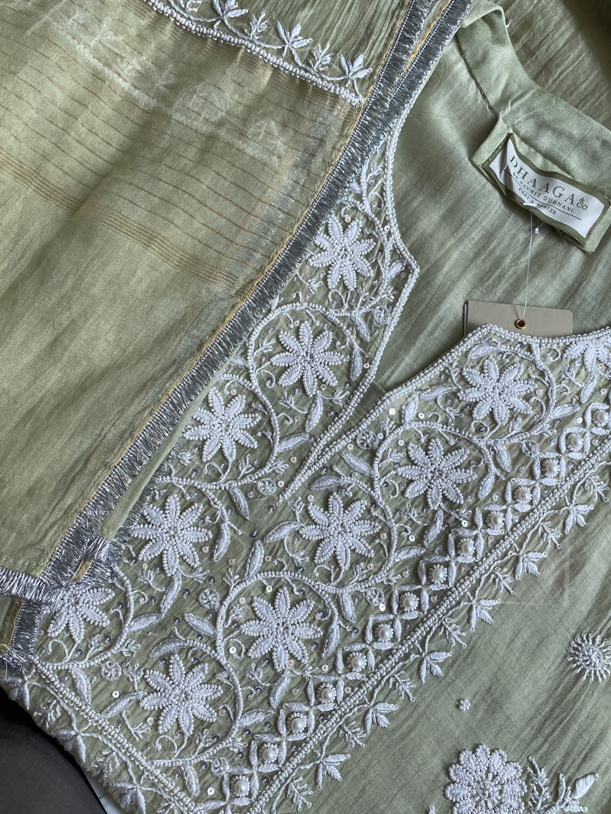 Sage Green Mul Chanderi Embroidered Kurta Set