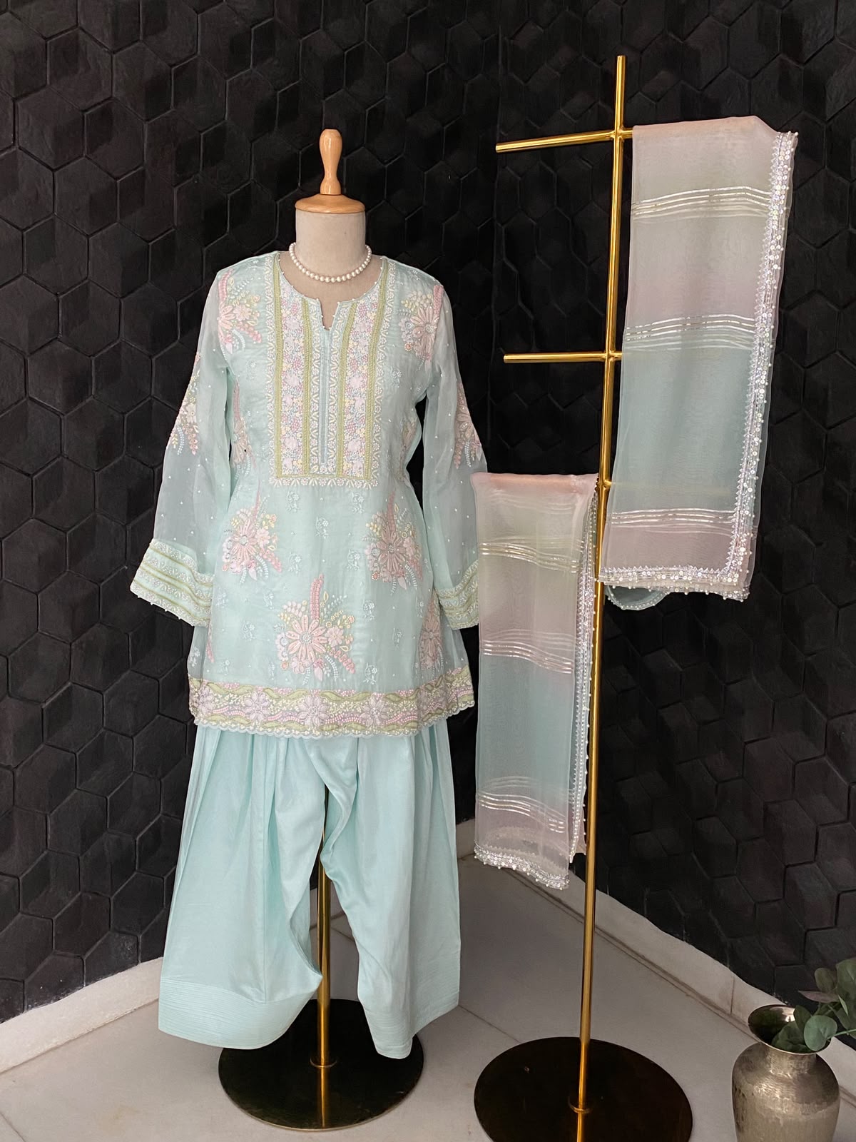 Pastel Mint Organza Embroidered Kurta Set