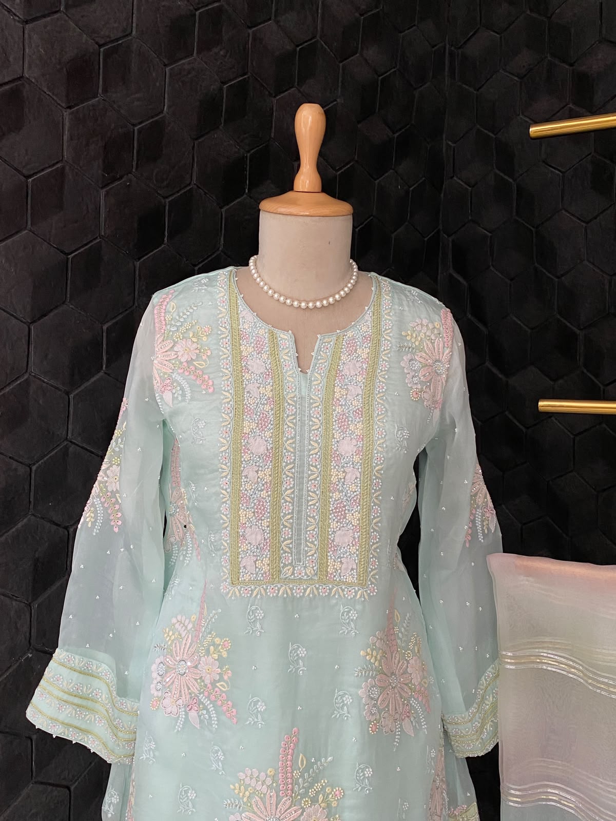 Pastel Mint Organza Embroidered Kurta Set